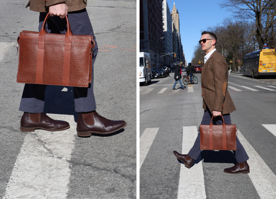 RM William's Comfort Craftsman with a brown jacket and blue-grey trousers