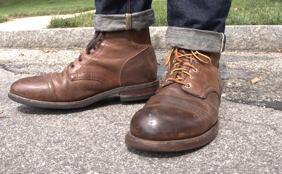two brown boots from thursday and red wing