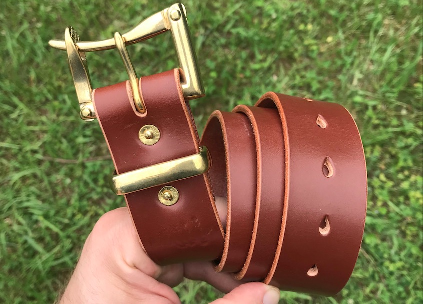 Hazel Sedgwick single prong belt w: brass buckle, brass keeper, brass prong, brass rivets
