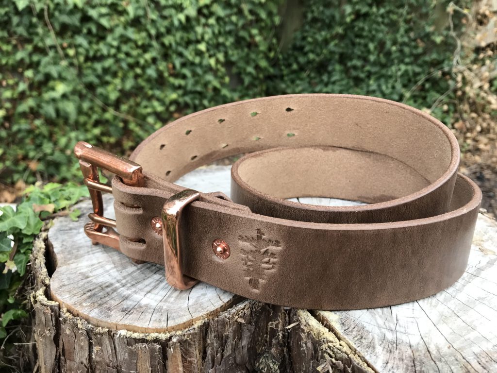Natural Chromexcel double prong belt w: copper buckle, copper keeper, copper prongs, and copper rivets