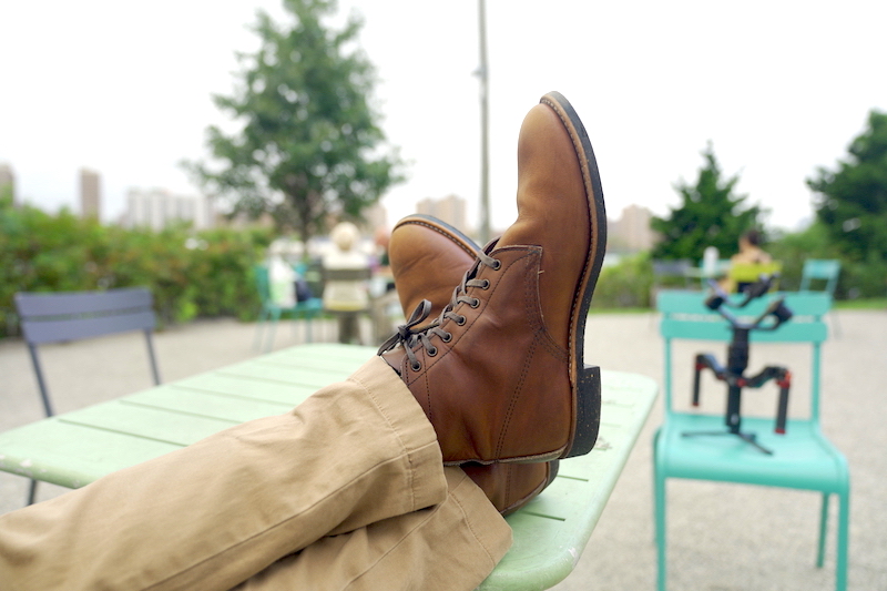 Red Wing merchant boots crossed