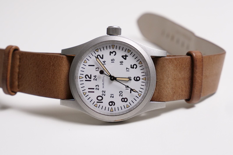 hamilton khaki field watch on side