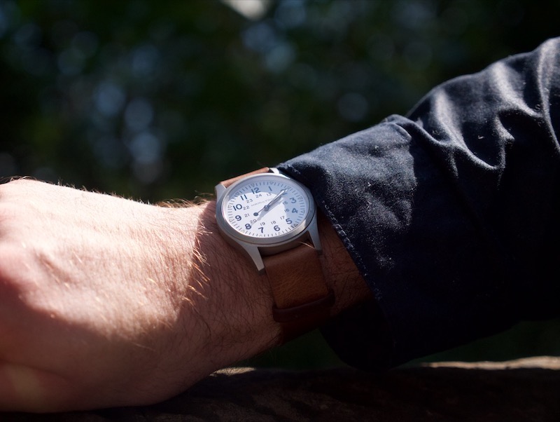 hamilton khaki field watch on wrist