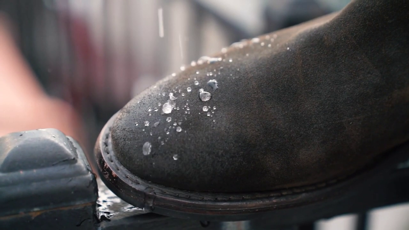 Water beading off Thrusday's weatherproof suede