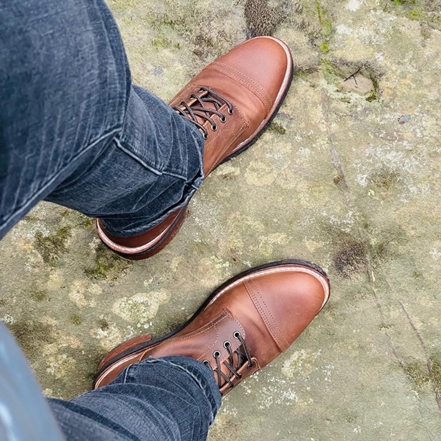 thursday logger boot on feet
