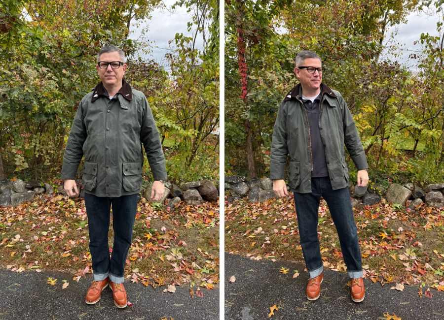 Timothy wearing the green Thornproof fabric Beaufort