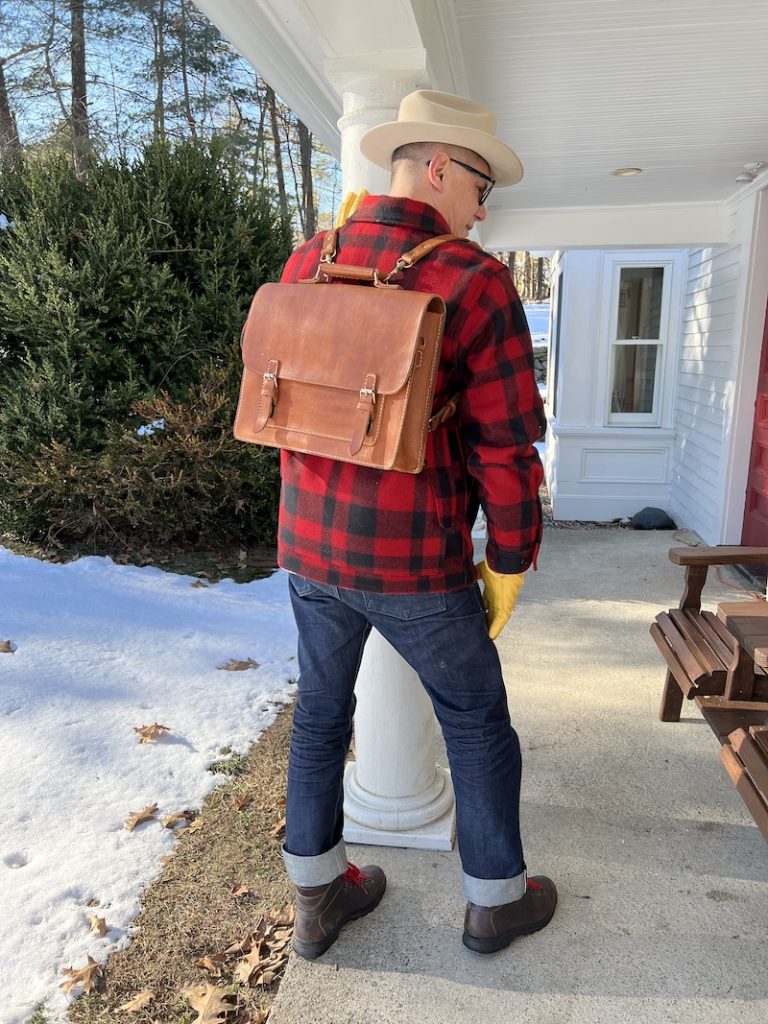linden leather messenger bag on back