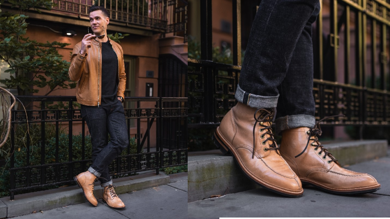 Ottawa Boots Kangaroo Leather Nick Standing with a tan jacket