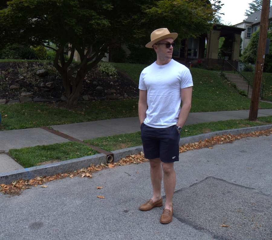 grant stone loafers, no socks, and hat outfit