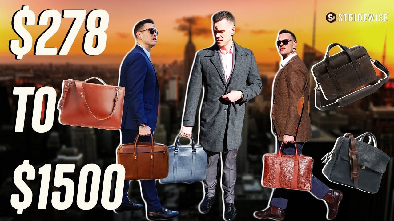 best leather briefcase featured image depicting a man holding several different leather briefcases