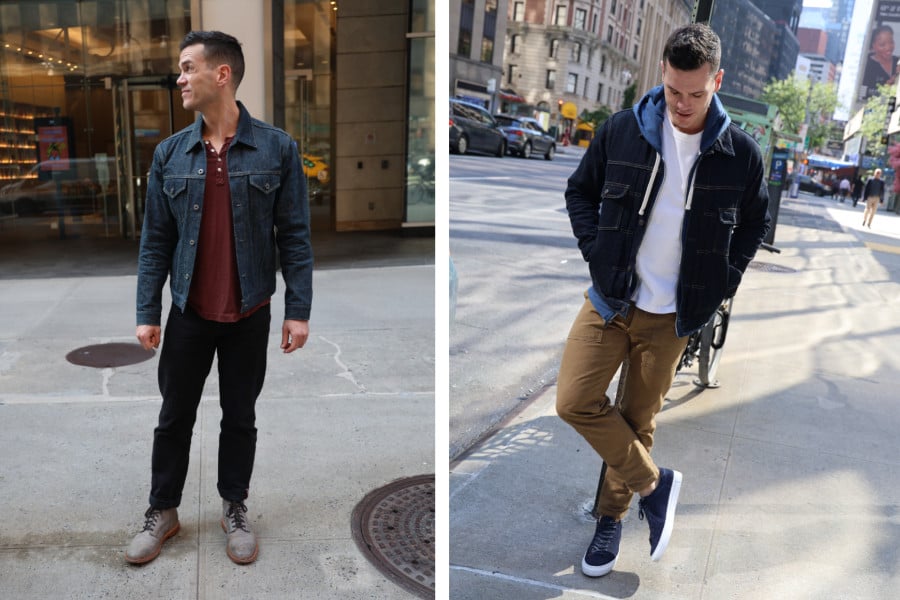 Left, black denim pants with dark indigo jacket. Right, Canvas pants with wide t shirt and dark blue denim jacket