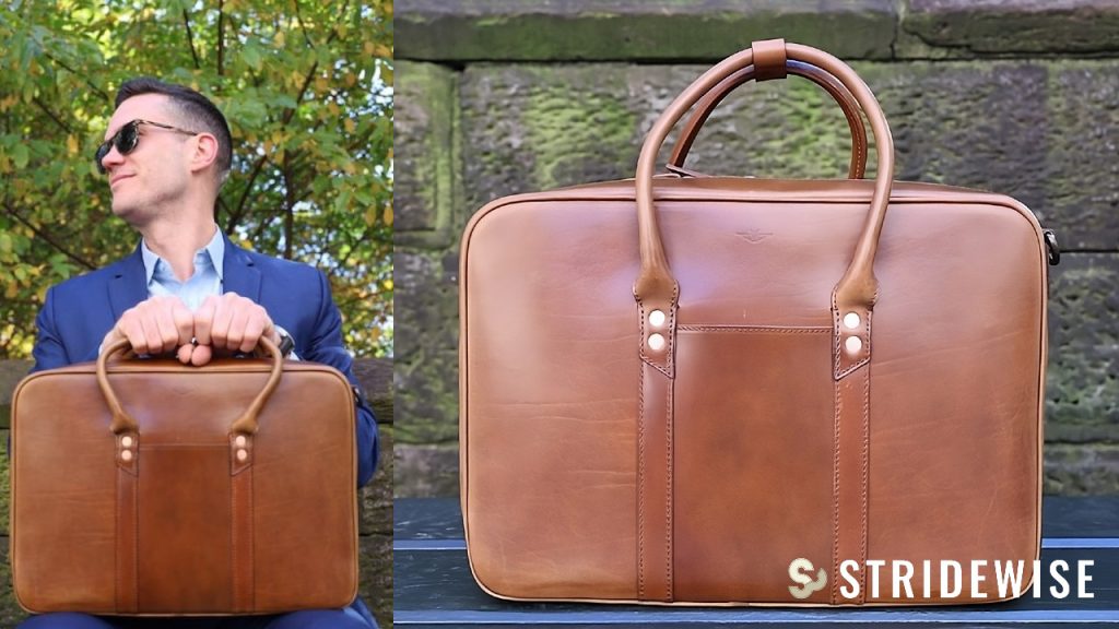 a man in suite sitting with a leather briefcase and a close up of that briefcase