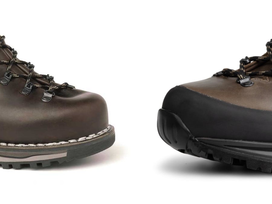 Left: Norwegian welted hiking boot with visible welt stitching. Right cemented hiking boot with no stitching