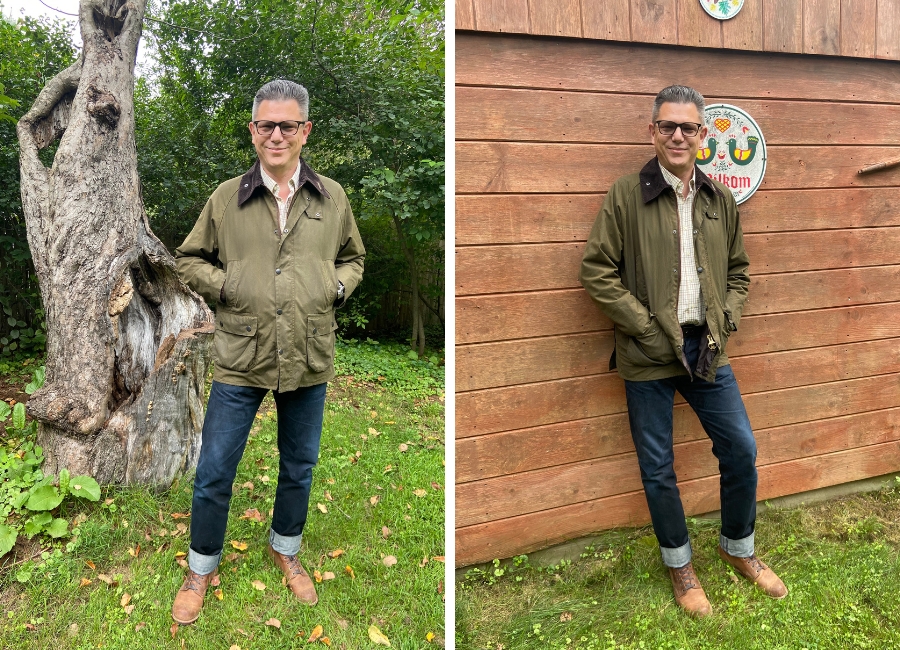 Barbour bedale style, more modern and shorter length.