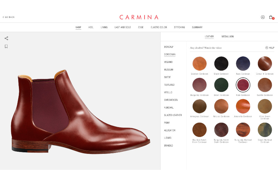 carminas custom boot builder website displaying options for leather types, stitching, sole, heel, welts, lasts and many more
