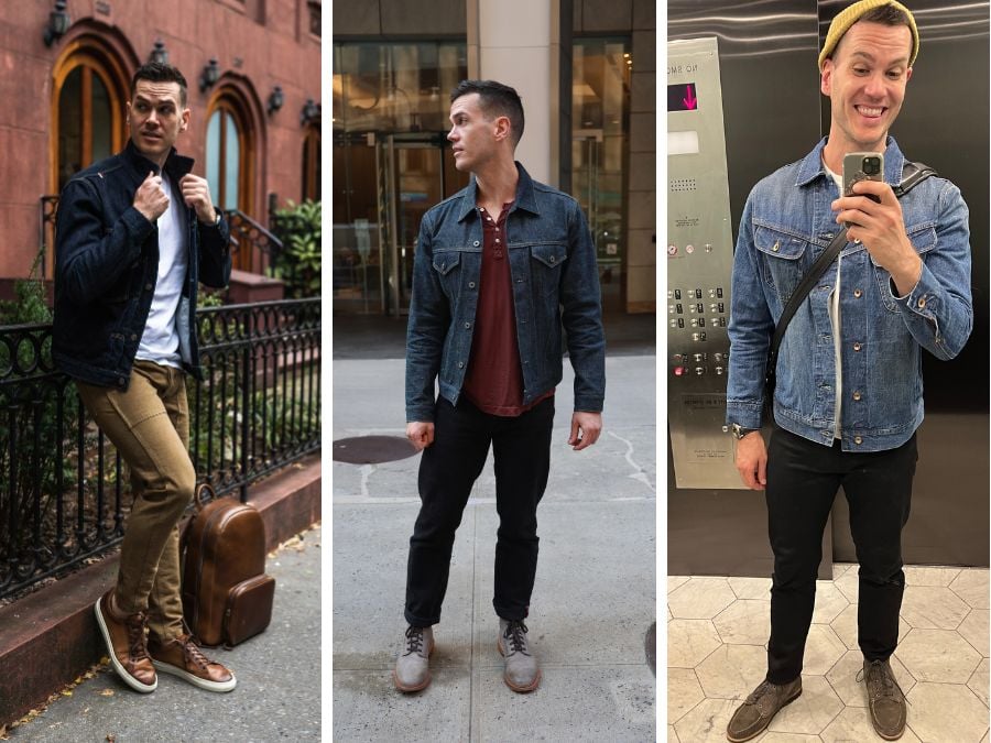 Denim jacket colors. Far left dark indigo, middle lighter indigo, far right faded