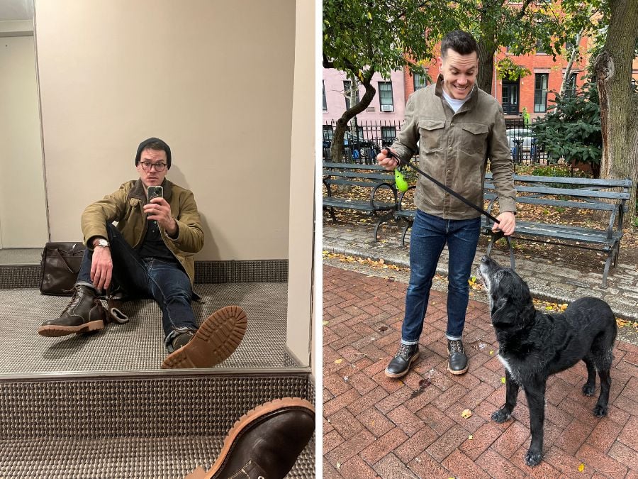 Thursday Hero Boots with knit cap, waxed canvas jacket, and denim. Also a cute dog.