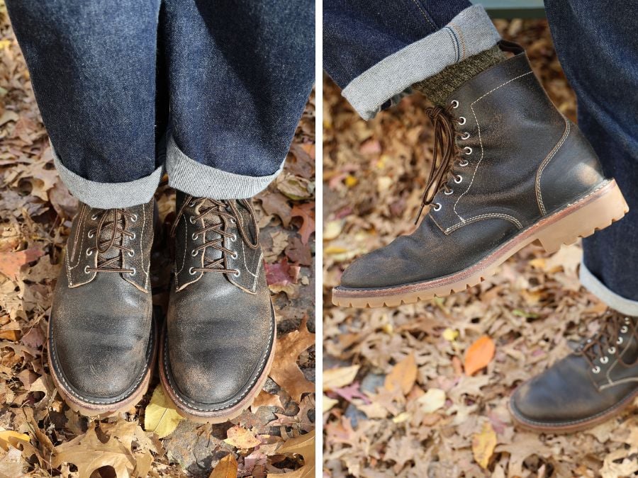 Thursday boots profile and toes, fantastic patina as the wax wears off at friction points such as the toe and heel