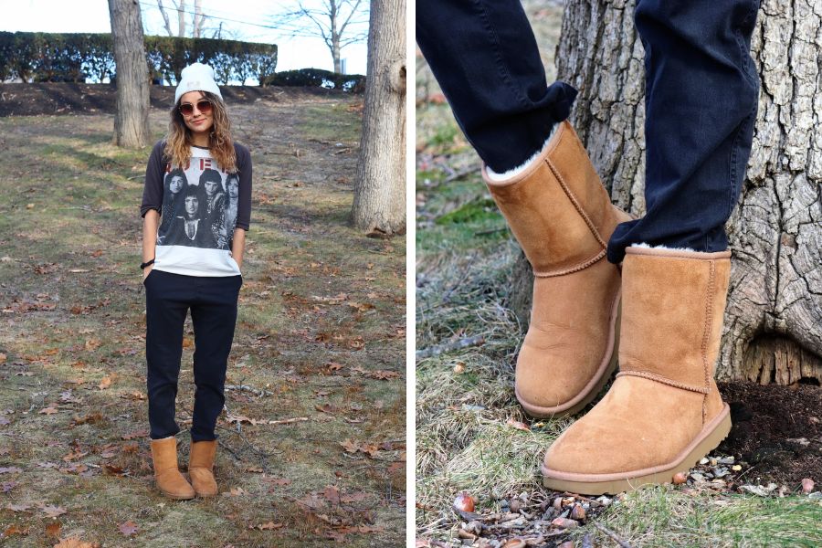 A women wearing a white knit hat, vintage Ramons t-shirt, dark denim jeans, and tan ugg boots.