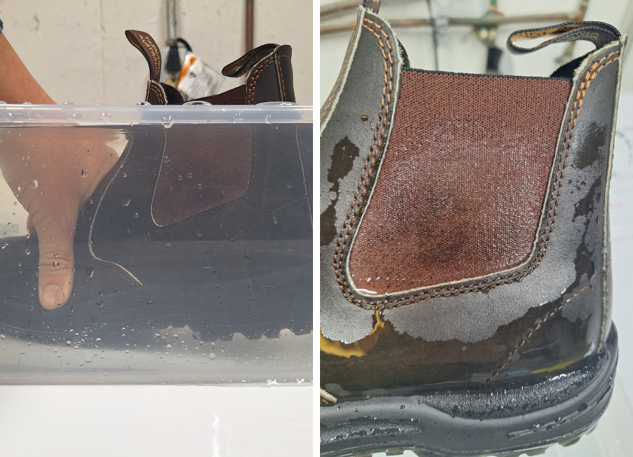 Left: Blundstone 490 submerged in water just above the goring. Right: The goring is visible wet.