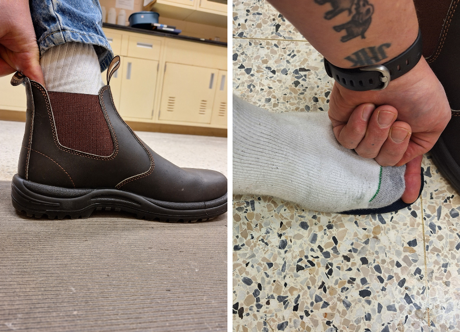 Right Jeff is using the finger test to see if the boot is fit correctly. He can fit on finger into the back of the boot while wearing it. On the right Jeff is testing the fit by standing on the insole. There is a finger width of room between the end of his toes and the end of the insole.