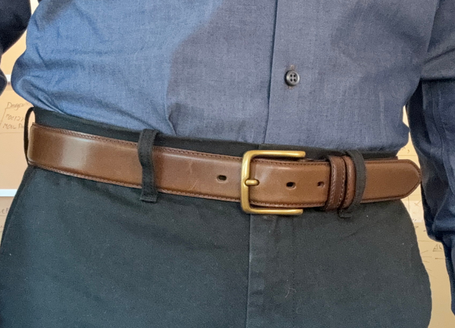 Me wearing the 1.25'' Satchel and Page belt with business casual clothes at my office