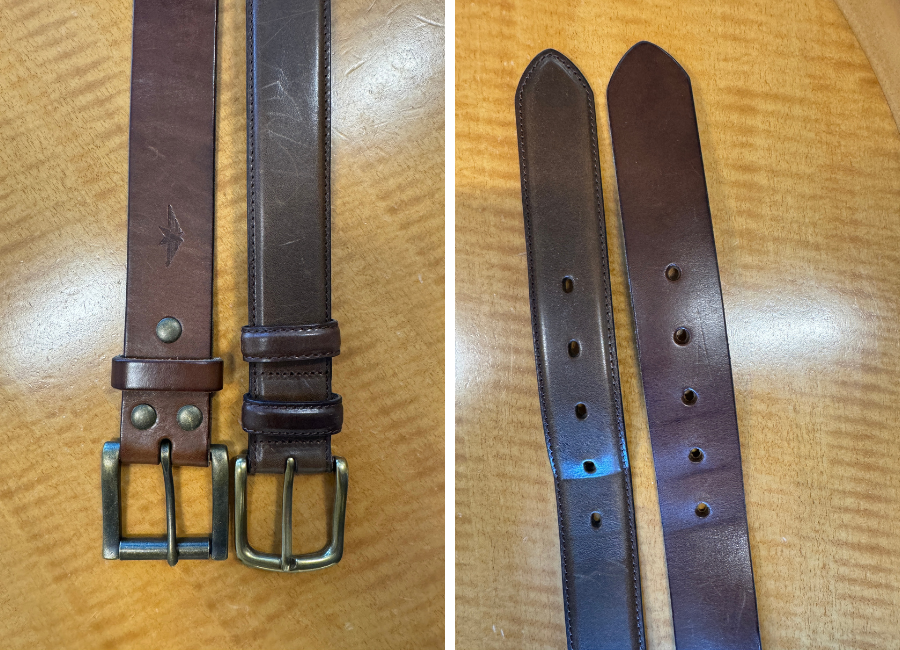 Comparing the 1.5'' Satchel and Page Belt to the 1.25'' belt. The narrow belt has finished, stitched edges.