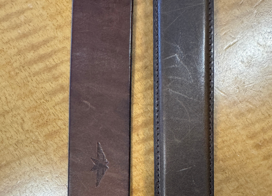 Close up of the leather. Left: 1.5 inch belt leather after one year, shows little patina. Left: 1.25 inch Satchel and Page belt with more patina after 3 years.