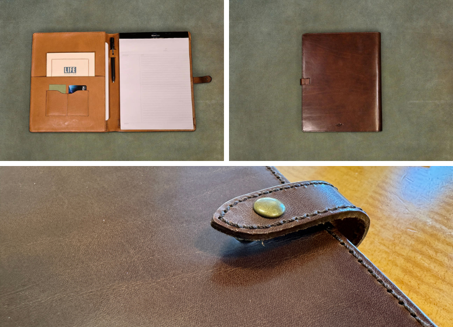 Top Left: Open Satchel & Page padfolio. Top right: closed Satchel & Page Padfolio. Bottom: brass hardware and close up the leather