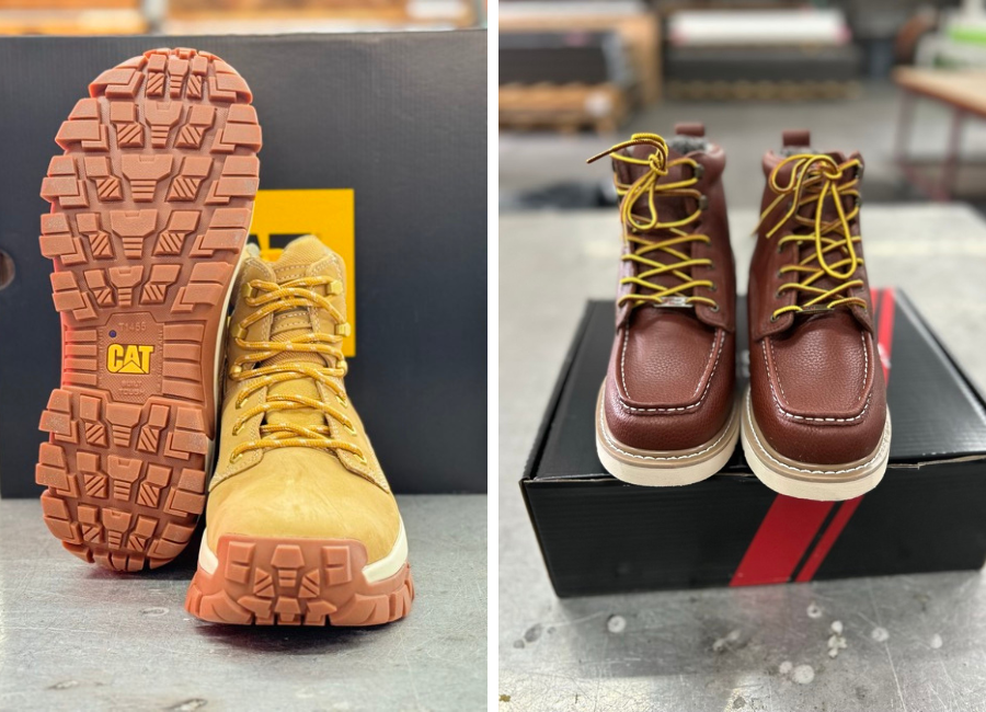 Right CAT Invader Hi; Left: Rockrooster's Goodyear Welted work boots