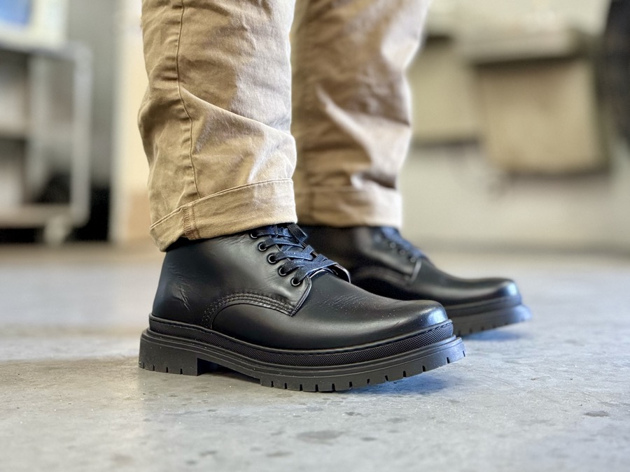 Black Horween leather Goral Sharman boots with tan trousers