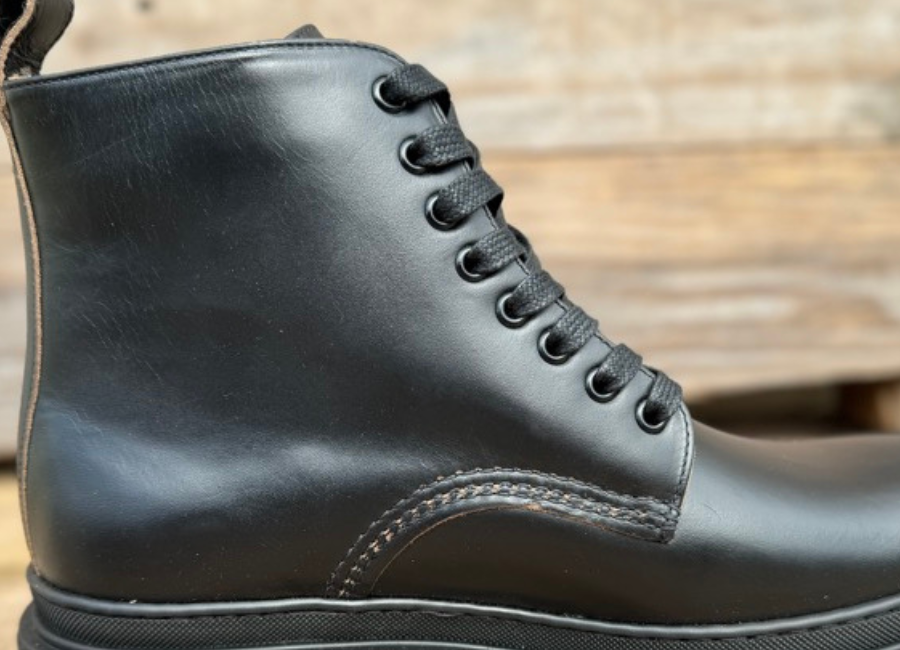 Black Horween leather Goral Sharman boots corrected leather grain