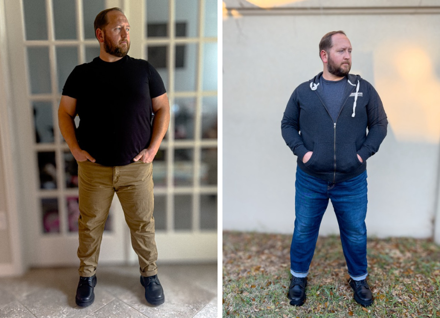 Left; Goral Sharman black t shirt and tan trousers. Right; Sharman boots with denim and hoodie.