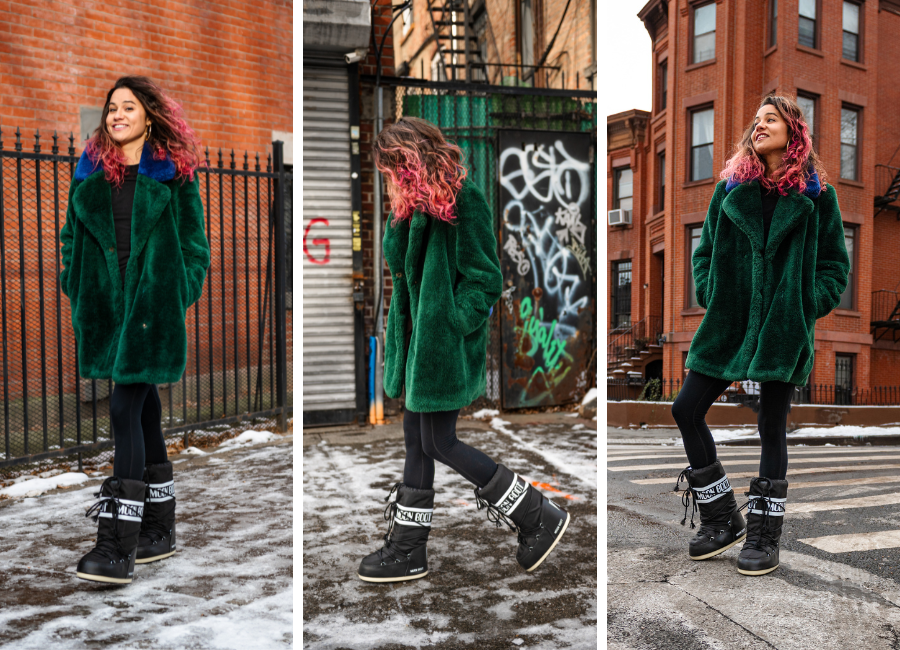 black moon boots, green faux fur jacket, and black leggings
