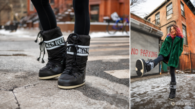 Moon Boot review featured image. Left: moon boots close-up. Right: Hilary kicking playfully.