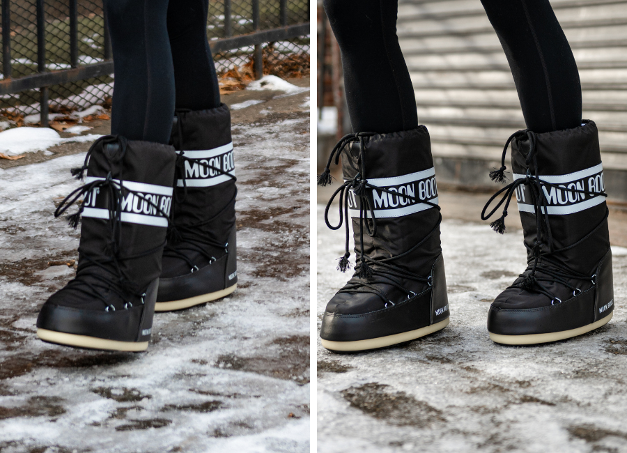 Black moon boots with white logo
