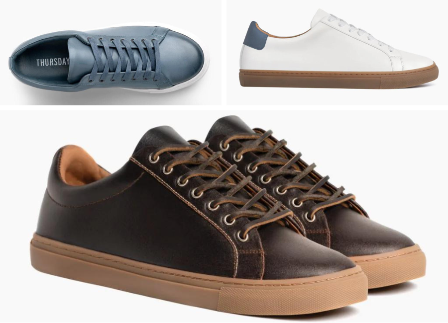 Top Left: Thursday's Women's Premier Low Top Indigo from the Classic Collection. Top Right: Women's Premier Low Top White Sneaker from the Gum Soles Collection. Bottom: Dark Brown Waxed Roughout Leather from the Heritage Collection