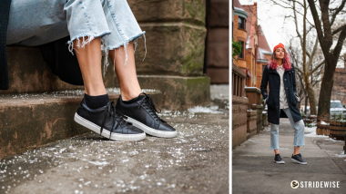 Thursday women's sneakers review. Left, Hilary is sitting on cement stairs wearing light colored jeans with unhemmed cuffs. Right Hilary is standing in a long black jacket, white t-shirt, and Thursday's women's black leather sneakers