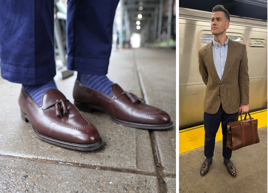 Left: J Fitzpatrick leather tassel loafers with blue socks and blue trousers. Right: Tassel loafers and suit
