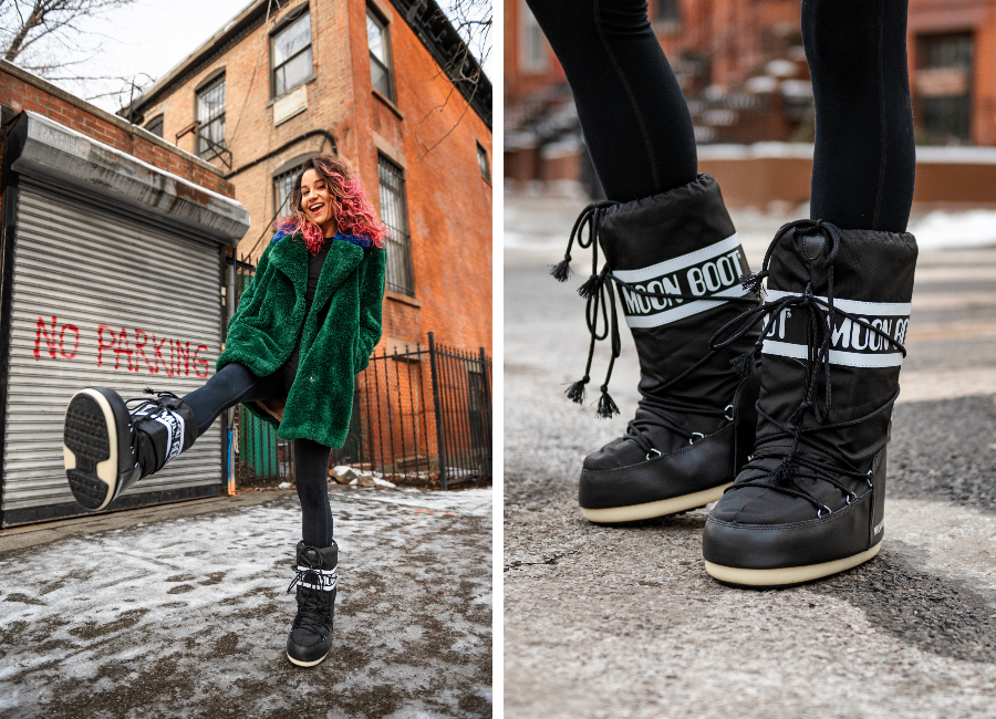 Left: Hilary kicking in moon boots wearing a green faux fur coat and black leggings