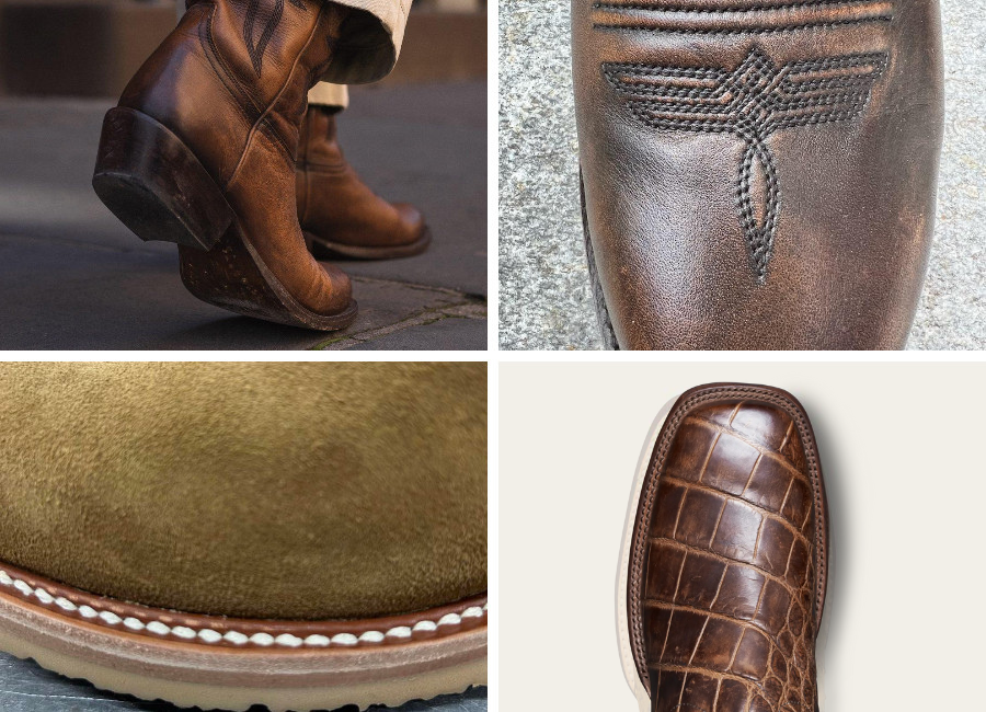 Top Left: A smooth leather from Thursday Boot Co. Top Right: An oiled leather from Chisos. Bottom Bottom Left: Rhodes weather-resistant suede leather. Bottom Right: Gator leather from Tecovas.