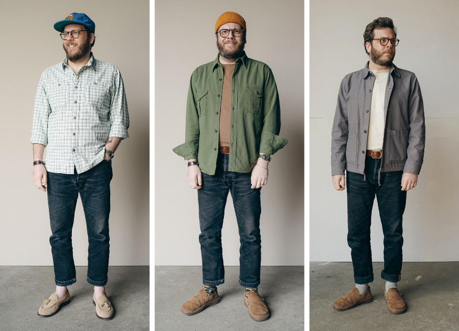 Casual, workwear inspired denim outfits with no show socks, patterned socks, and solid gray socks and loafers