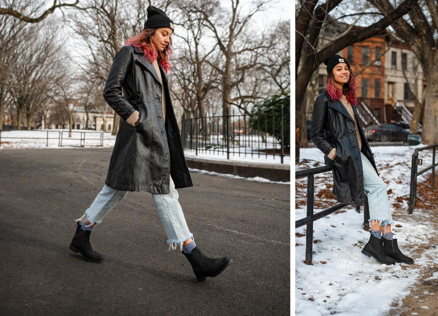 Hilary walking in Thursdays Matte Black Legend Chelsea boot for women