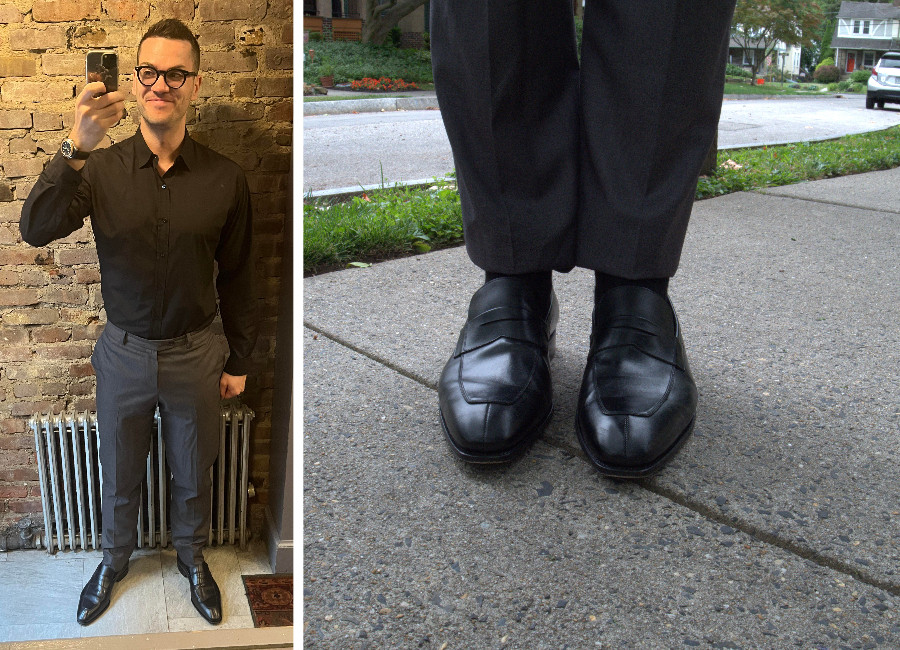 A man wearing dressy carmina loafers with black socks and grey suit