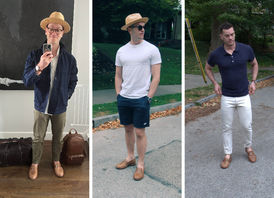 Nick trying out the Grant Stone Traveler loafer is three different outfits.