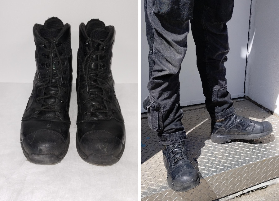 Left: front of the exo lite. Right: Our reviewer wearing them with black cargo pants