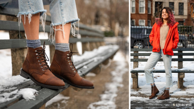Thursday Women's Captain Boot Review, our reviewer Hilary sitting in brown Arizona adobe captain boots and standing in bright pink jacket and light jeans