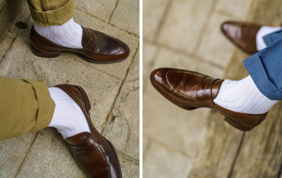 White socks and brown leather shoes