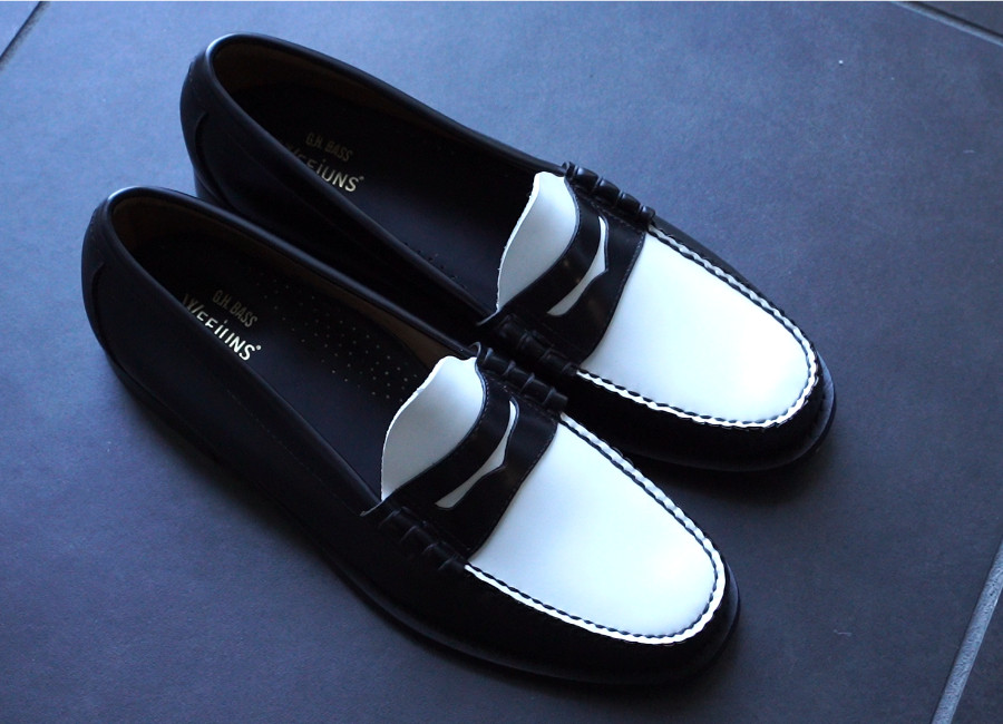 black and white Bass Weejun two tone loafers