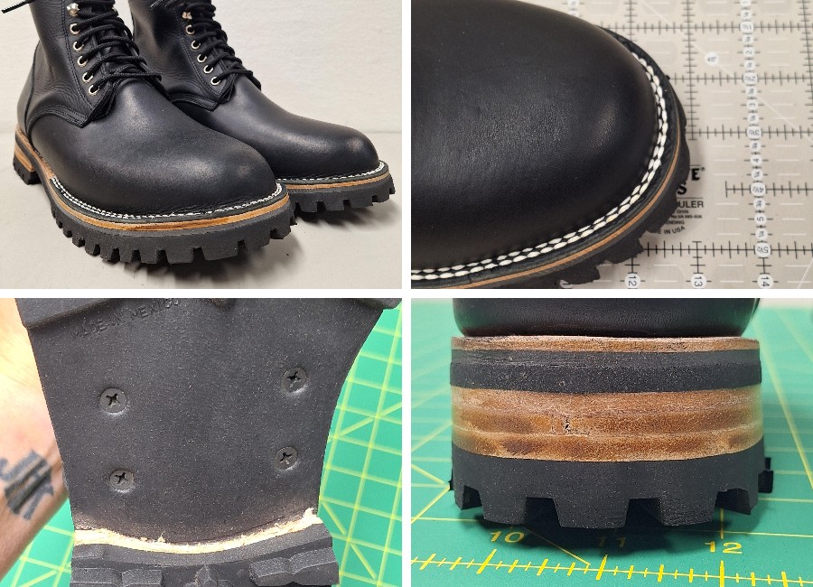 Close ups the white on black contrast stitching, shank screws on the sole, and the leather heel stack